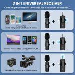 Wireless Lavalier Microphone 2 Pack for iPhone, Android, Camera - 3-in-1 Lapel Mic with Noise Cancellation for Video Recording, Live Stream, YouTube, Interview